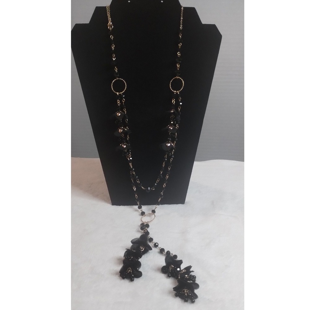 Black Beaded Floral Lariat Y-Necklace‎ Gold Tone Long Layered Statement Jewelry
